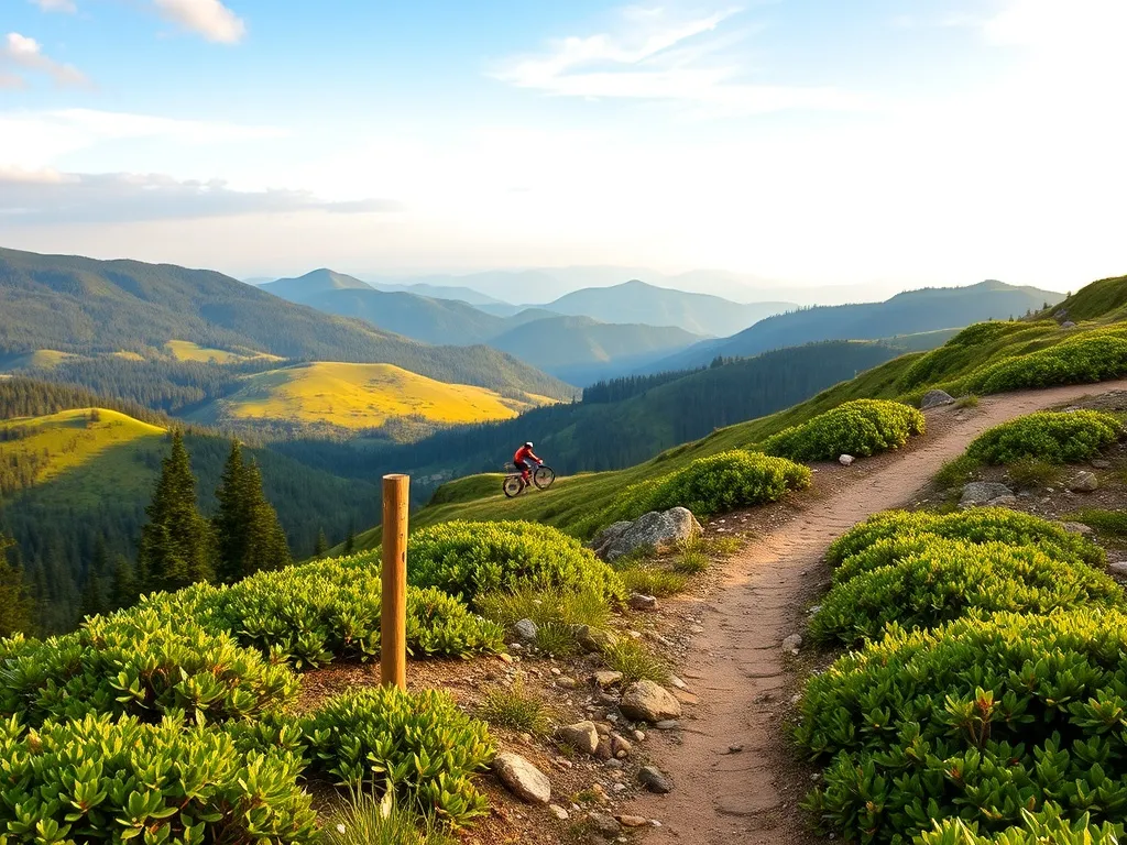 Wąska górska ścieżka w Górach Izerskich z rowerzystą w oddali, prowadząca przez łagodne, zalesione wzgórza o zachodzie słońca.