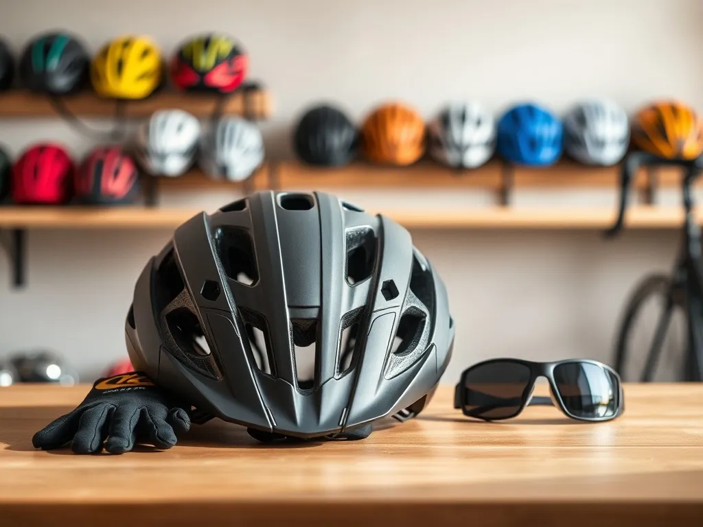 Nowoczesny kask rowerowy na stole obok rękawiczek i okularów, w tle kolorowe kaski w przytulnym sklepie rowerowym.