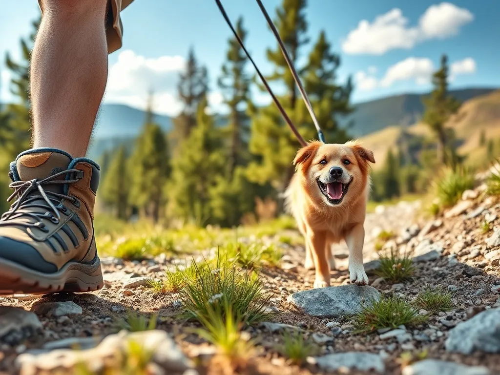 Turystyczny szlak w górach latem, nogi w butach trekkingowych obok radosnego psa na smyczy na kamienistej leśnej ścieżce.