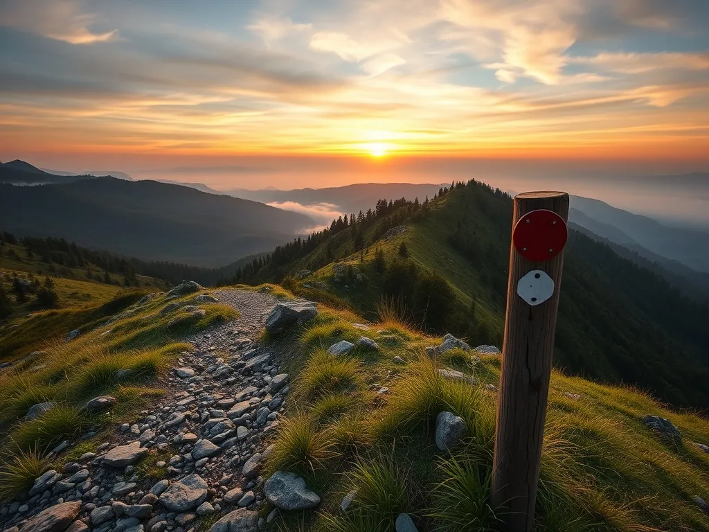 Górski szlak na Baranią Górę o świcie, prowadzący przez kamienistą ścieżkę wśród łagodnych, zalesionych szczytów Beskidów