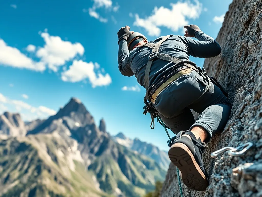 Wspinacz w uprzęży wspina się po skalnej ścianie z liną i ekspresami, w tle ostry górski krajobraz i błękitne niebo.