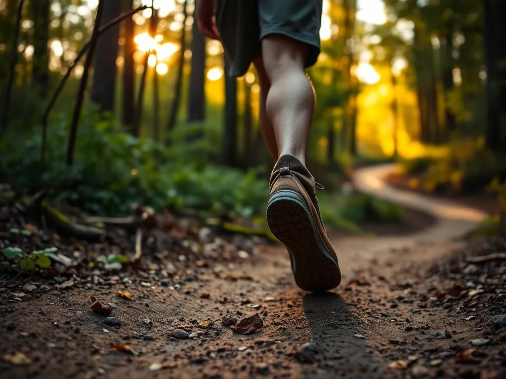 Osoba w wytrzymałych butach idzie leśną ścieżką o świcie z plecakiem, symbolizując prosty trening rucking na świeżym powietrzu.