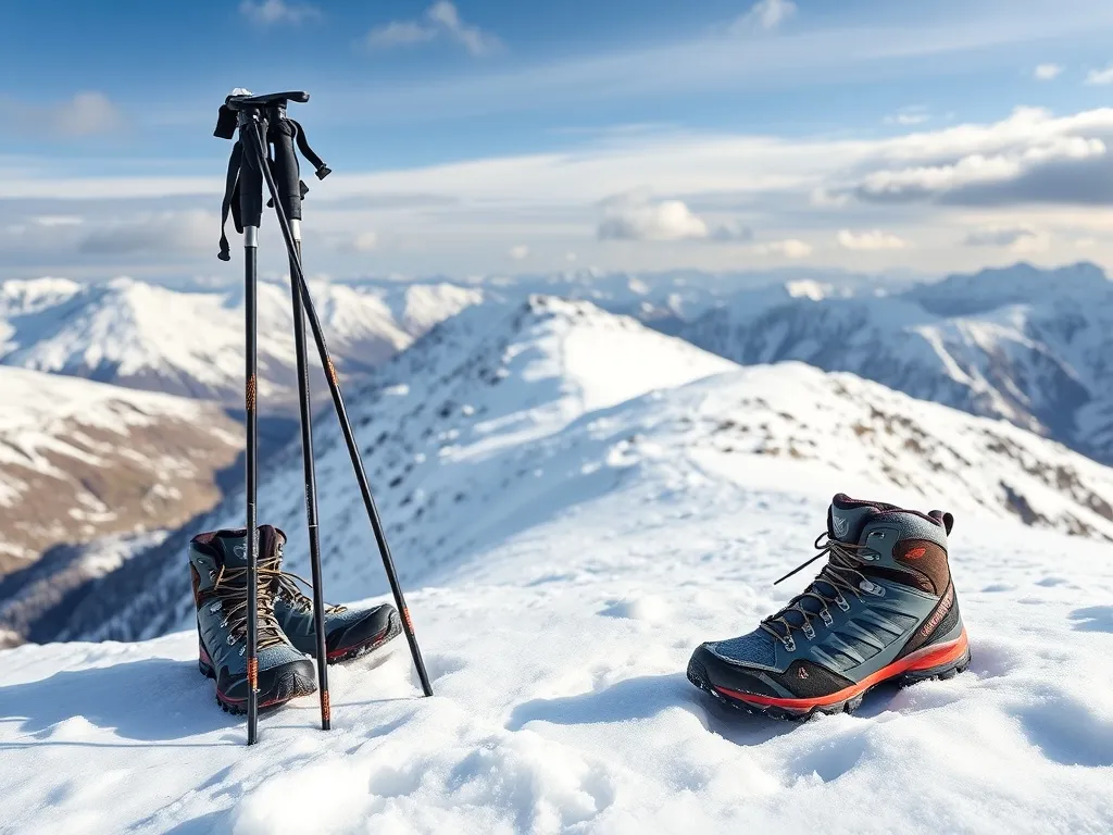 Kije trekkingowe i zimowe buty na zaśnieżonym grzbiecie, w tle łagodny szlak i ośnieżone Tatry w spokojnym poranku.