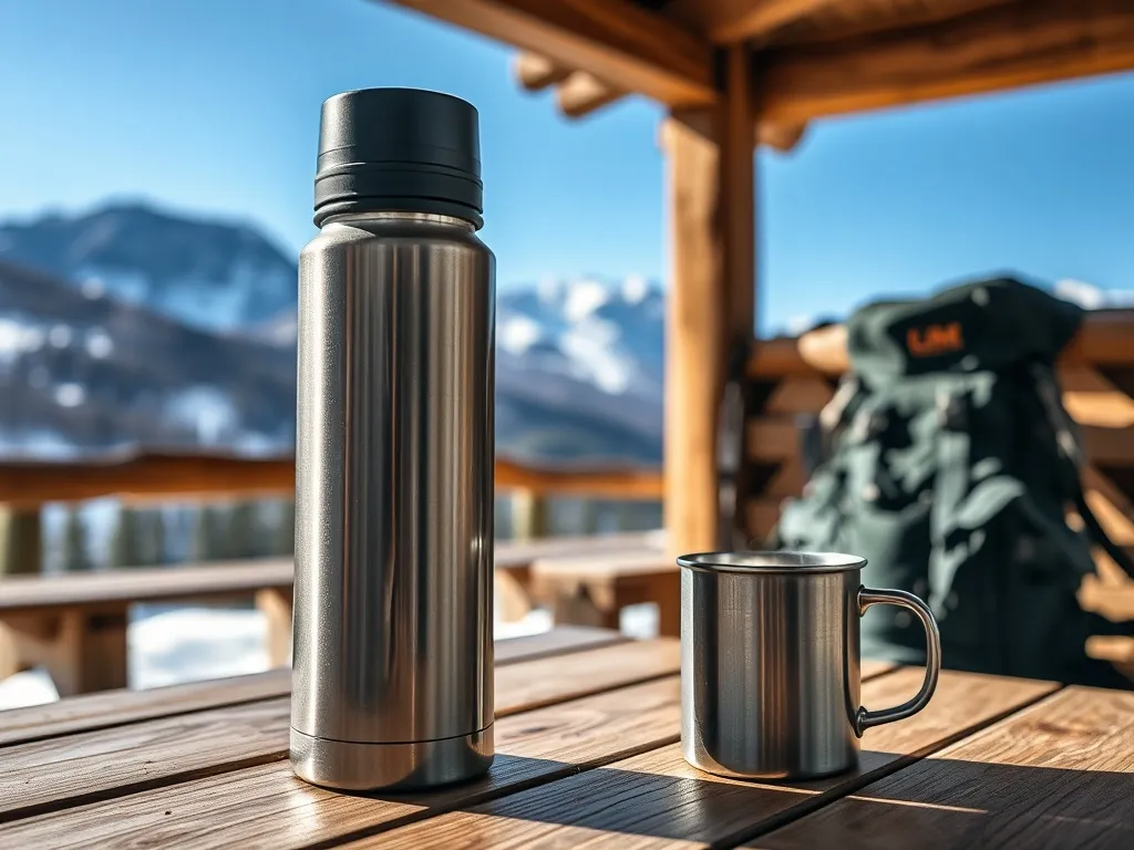 Metalowy termos i parujący kubek na stole w schronisku, w tle ośnieżone szczyty i plecak turystyczny.