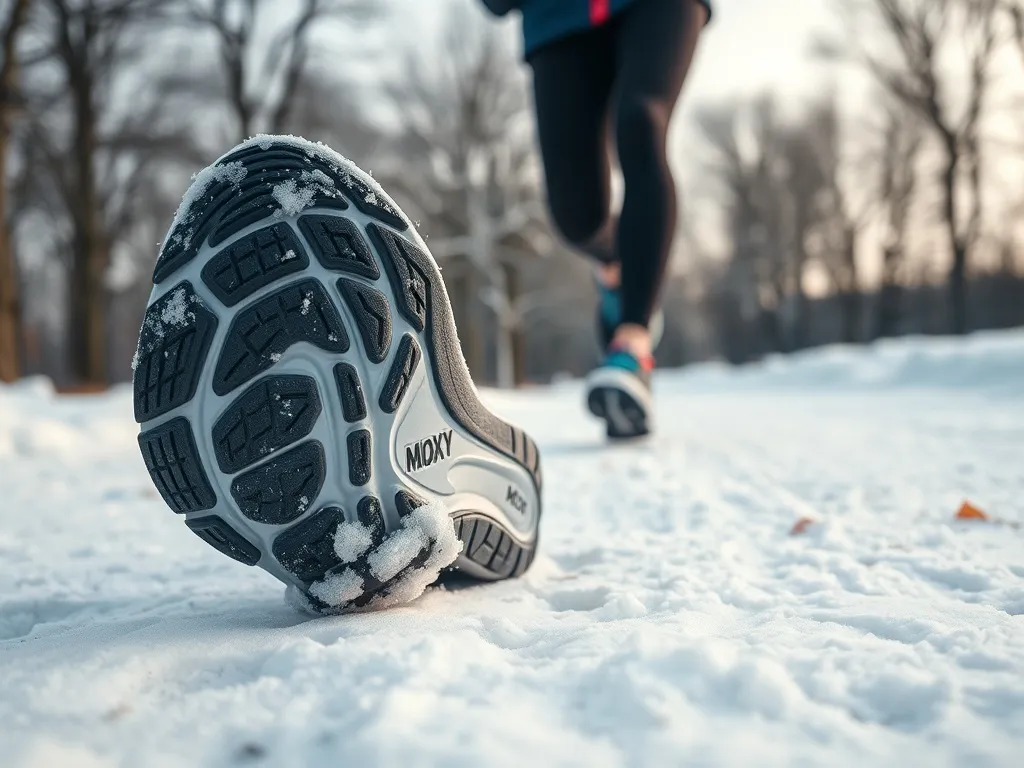 Zimowe buty do biegania na ośnieżonej ścieżce, z wyraźnym bieżnikiem zapewniającym przyczepność podczas treningu.