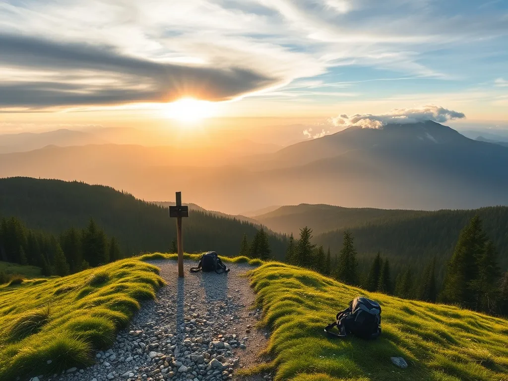 Górski szlak na Turbacz o świcie, plecak przy drewnianym słupku i widok na zalesione, mglisto warstwowe grzbiety gór.