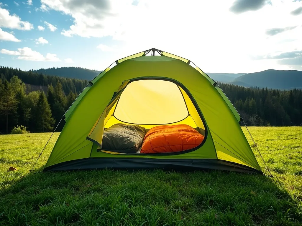 Czteroosobowy namiot kopułowy rozbity na trawie, z widocznymi śpiworami w środku, na tle lasu i łagodnych wzgórz.