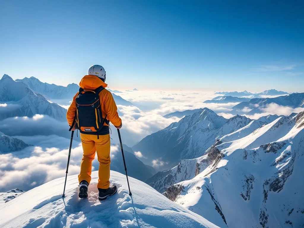 Wspinacz na wąskiej, ośnieżonej grani Island Peak, z plecakiem i kaskiem, otoczony wysokimi szczytami Himalajów.