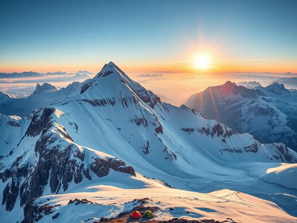 Obóz wyprawowy u stóp ośnieżonego szczytu K2 oświetlonego wschodem słońca, otoczonego wysokimi górami Karakorum
