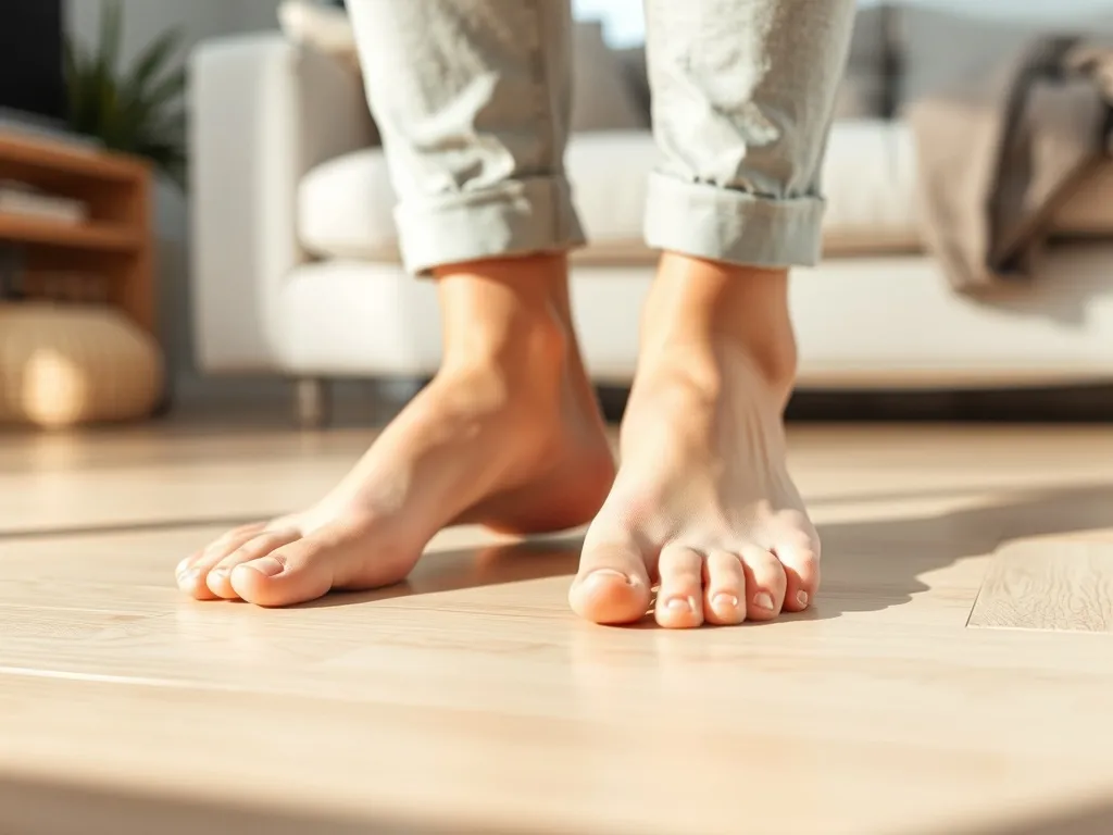 Stopy w minimalistycznych butach barefoot na jasnej podłodze, pokazujące cienką, elastyczną podeszwę i naturalne ułożenie palców