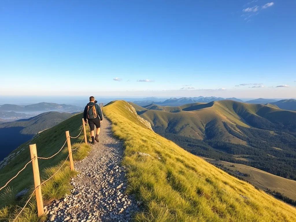 Turysta z plecakiem idzie w stronę szczytu Tarnicy w słoneczny dzień, wśród łagodnych, zielono‑złotych wzgórz Bieszczad.