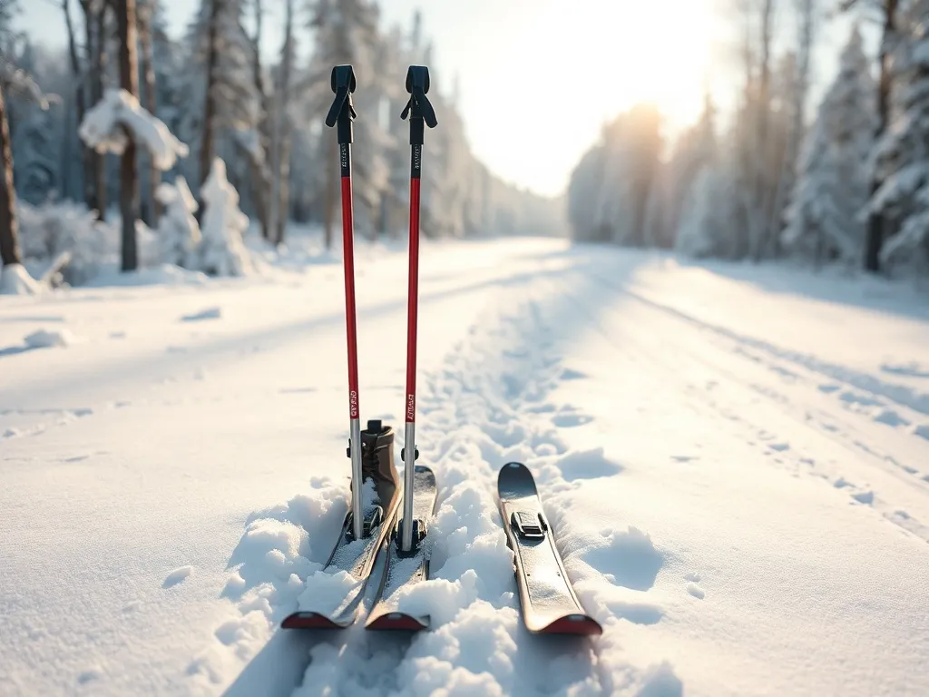 Klasyczne narty biegowe z kijkami w śniegu przy leśnej trasie, gotowe do pierwszego zimowego treningu.