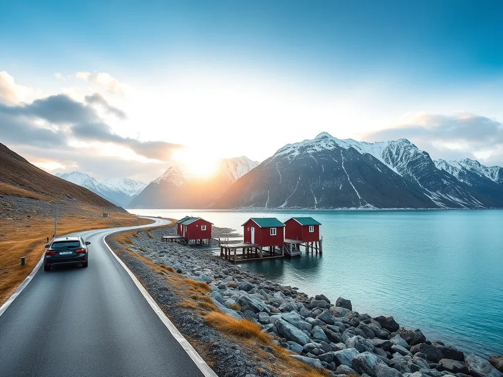Droga nad turkusowym fiordem Lofotów prowadzi obok czerwonych domków na palach, w tle ośnieżone, strome szczyty o zachodzie słońca.