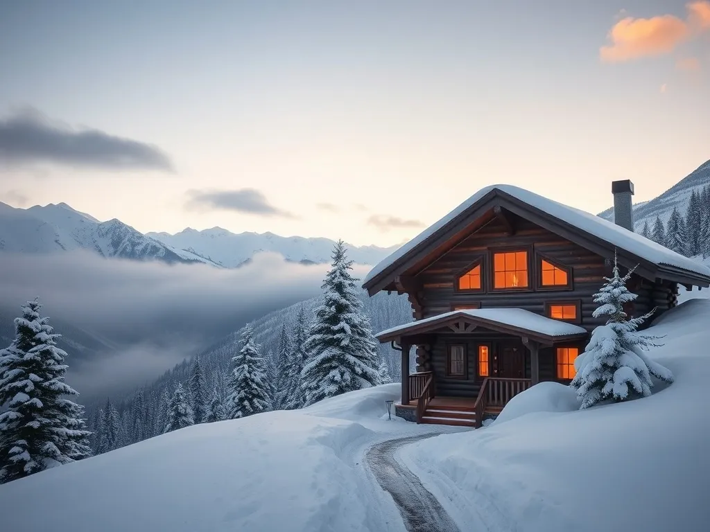Przytulna drewniana chata wśród ośnieżonych gór, zachęcająca do zimowego weekendowego wyjazdu w góry.