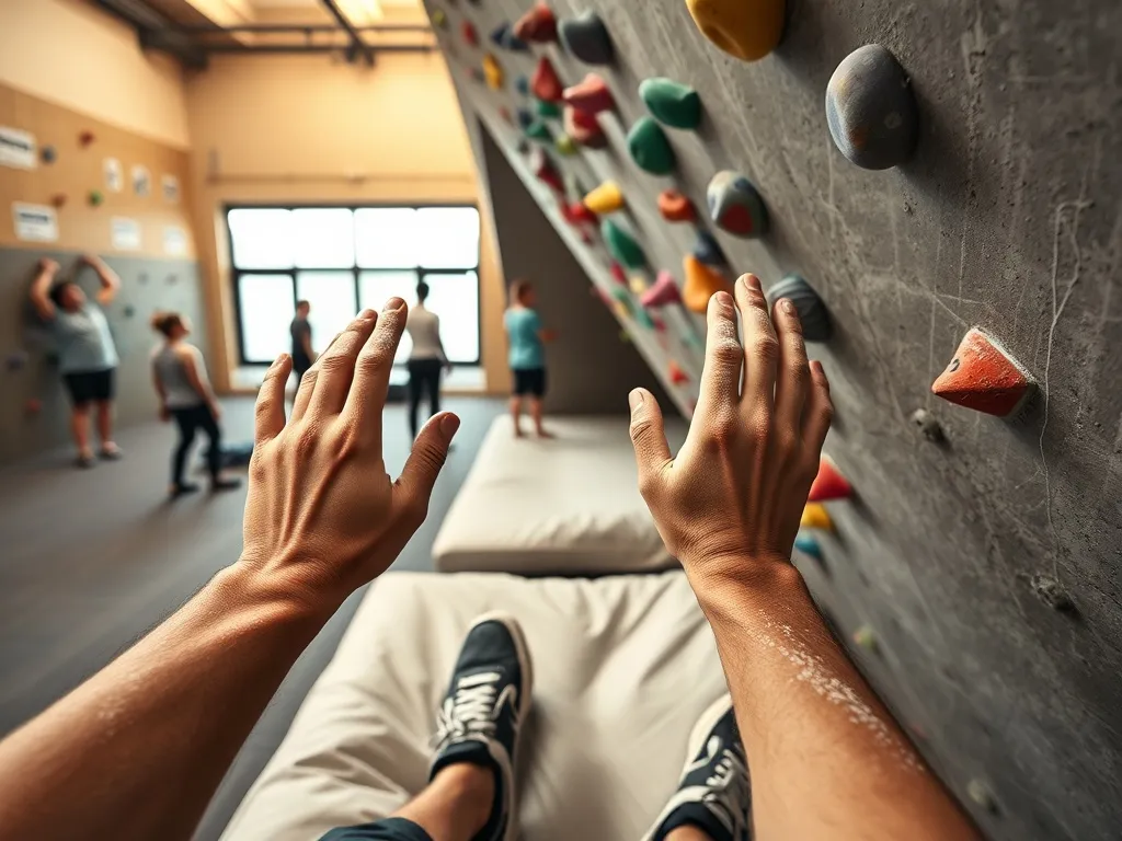 Dłonie wspinacza chwytające kolorowe chwyty na niskiej ściance boulderowej w hali, w tle inni ćwiczący na materacach