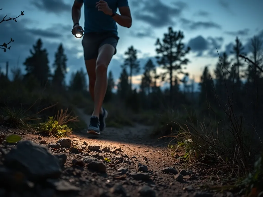Biegacz z czołówką oświetlającą leśną ścieżkę o zmierzchu, pokazujący praktyczne zastosowanie latarki do biegania