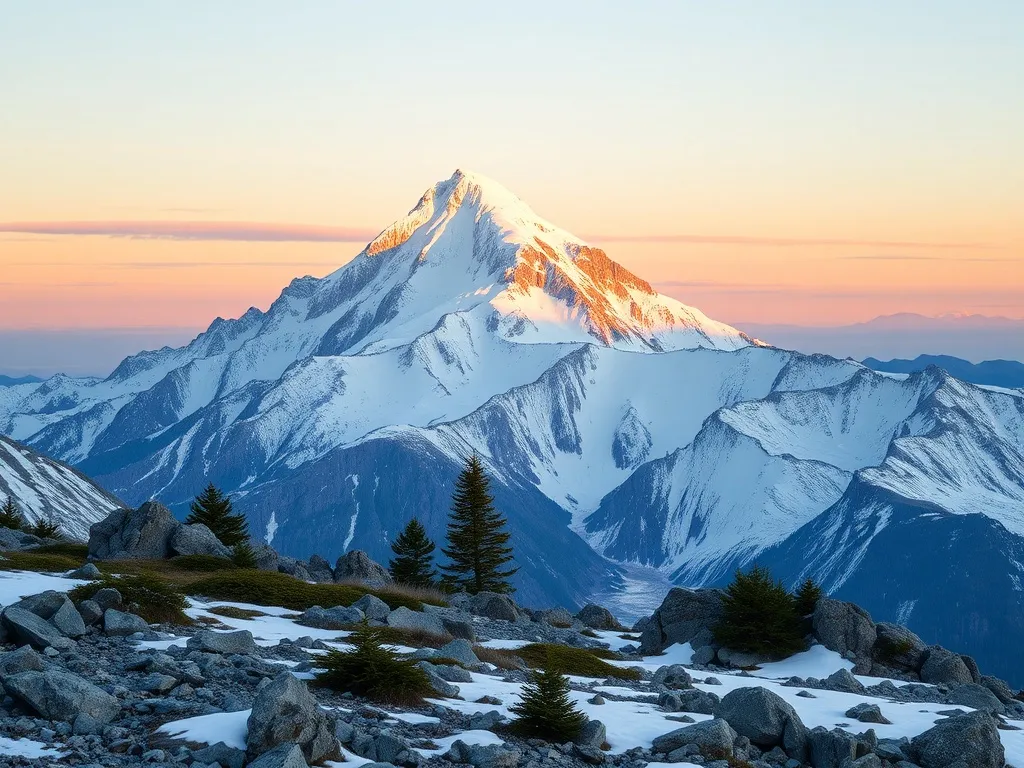 Śnieżny szczyt Denali oświetlony złotym wschodem słońca, z skalistym przedgórzem, tundrą i dalekimi pasmami górskimi.