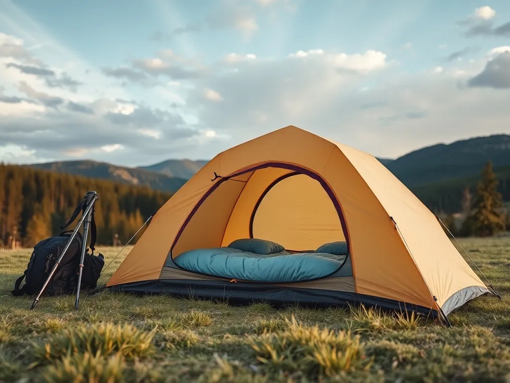 Namiot 2-osobowy rozbity na trawie z plecakiem i kijkami, w środku dwa śpiwory; spokojna, górska sceneria biwakowa.