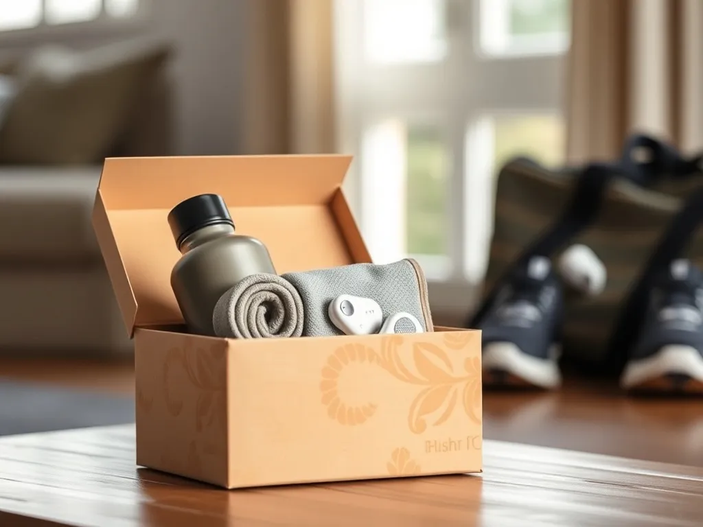 Elegancko zapakowany prezent dla sportowca z bidonem, ręcznikiem, słuchawkami i opaską fitness w przytulnym, domowym wnętrzu.