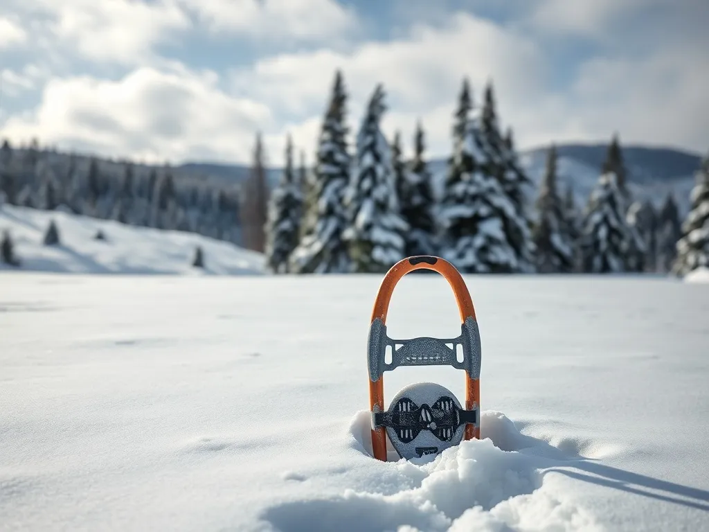 Rakiety śnieżne wbite w świeży śnieg na tle ośnieżonego lasu, zachęcające do zimowych wędrówek po górach