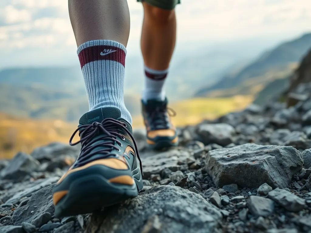 Skarpety trekkingowe w butach górskich na skalistym szlaku, w tle zielone wzgórza i góry, klimat przygody i świeżego powietrza.