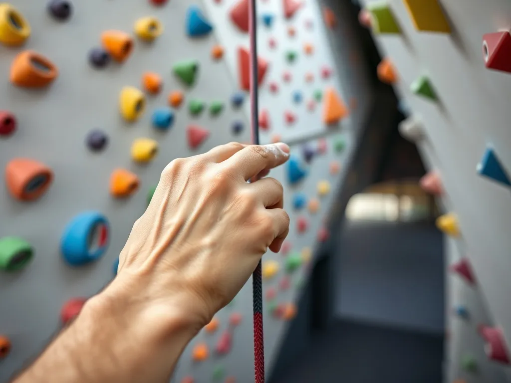 Dłoń wspinacza ściska kolorowy chwyt na ściance, kreda na palcach, w tle różnobarwne drogi w nowoczesnej hali wspinaczkowej
