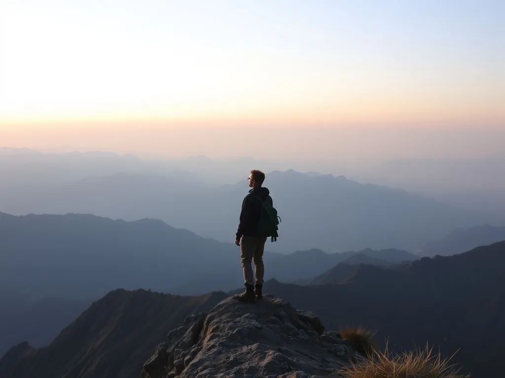 Samotny wędrowiec na grani górskiej spogląda w dal, w stronę kolejnych szczytów, jakby szukał własnej drogi.
