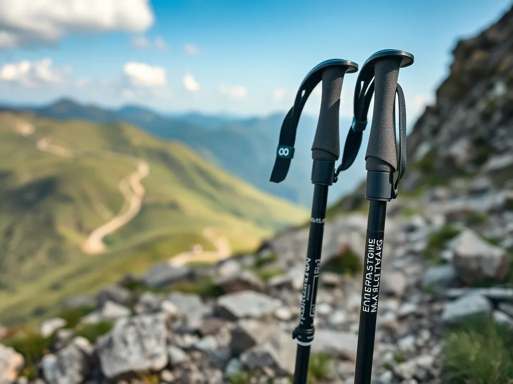 Nowoczesne kije trekkingowe na kamienistym górskim szlaku, z widokiem na zielone wzgórza i krętą ścieżkę w oddali