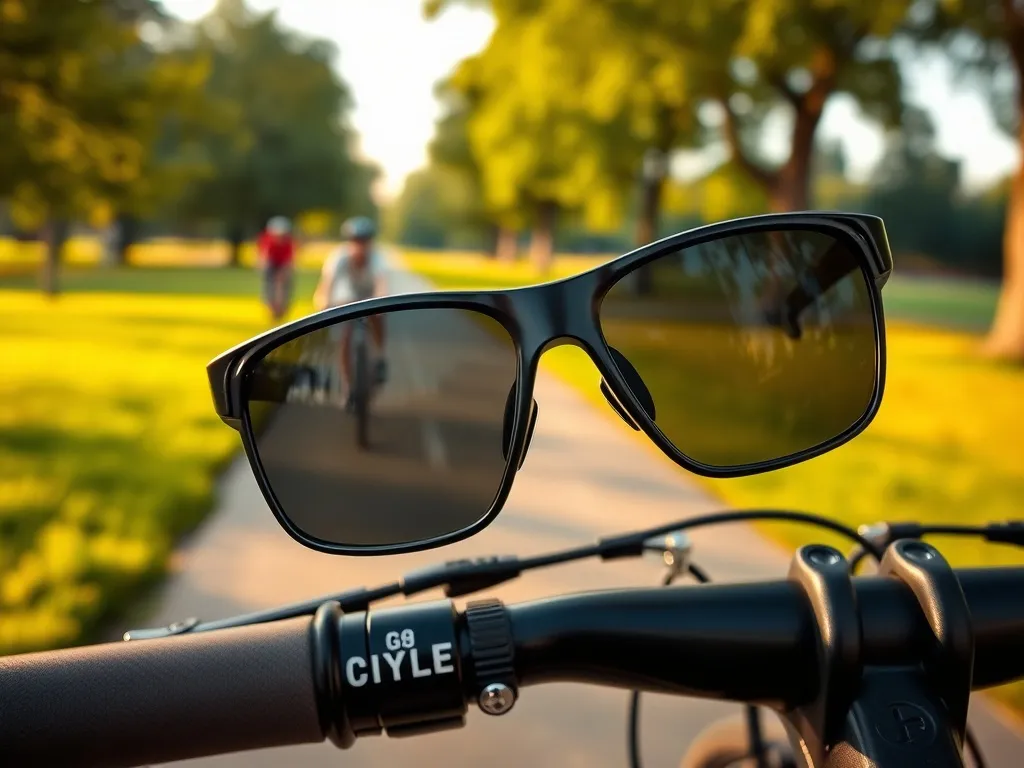 Stylowe okulary rowerowe na kierownicy z rozmytą ścieżką rowerową i rowerzystą w parku w tle
