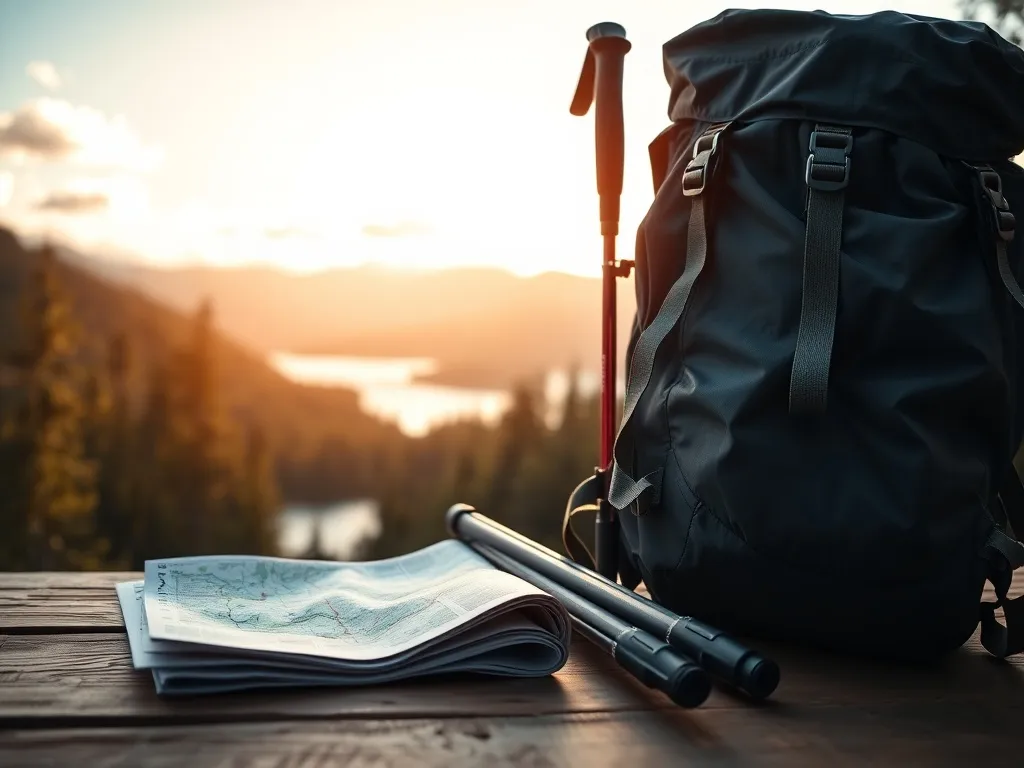 Solidny plecak trekkingowy z kijami i mapą na tle gór i jeziora, symbolizujący polskie marki outdoorowe.