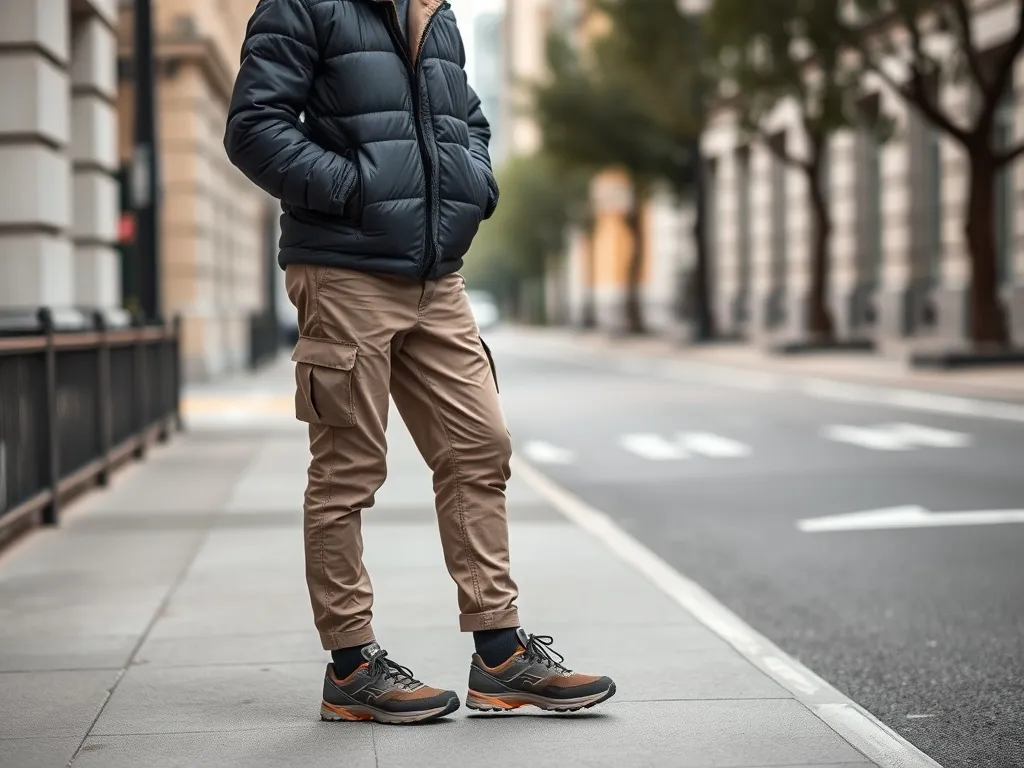 Osoba w stylu gorpcore w puchówce i cargo na miejskim chodniku, łącząca funkcjonalną odzież outdoor z codziennym stylem.