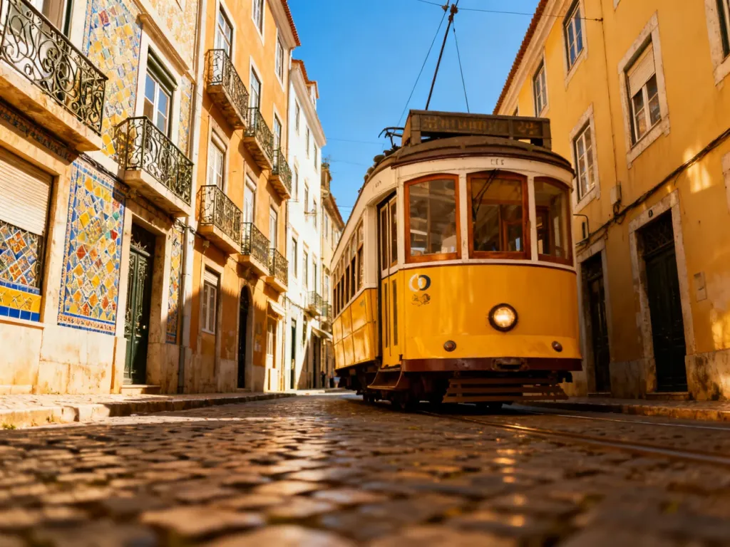 Tradycyjny żółty tramwaj przejeżdżający przez wąską, brukowaną uliczkę w Lizbonie w słoneczny dzień.