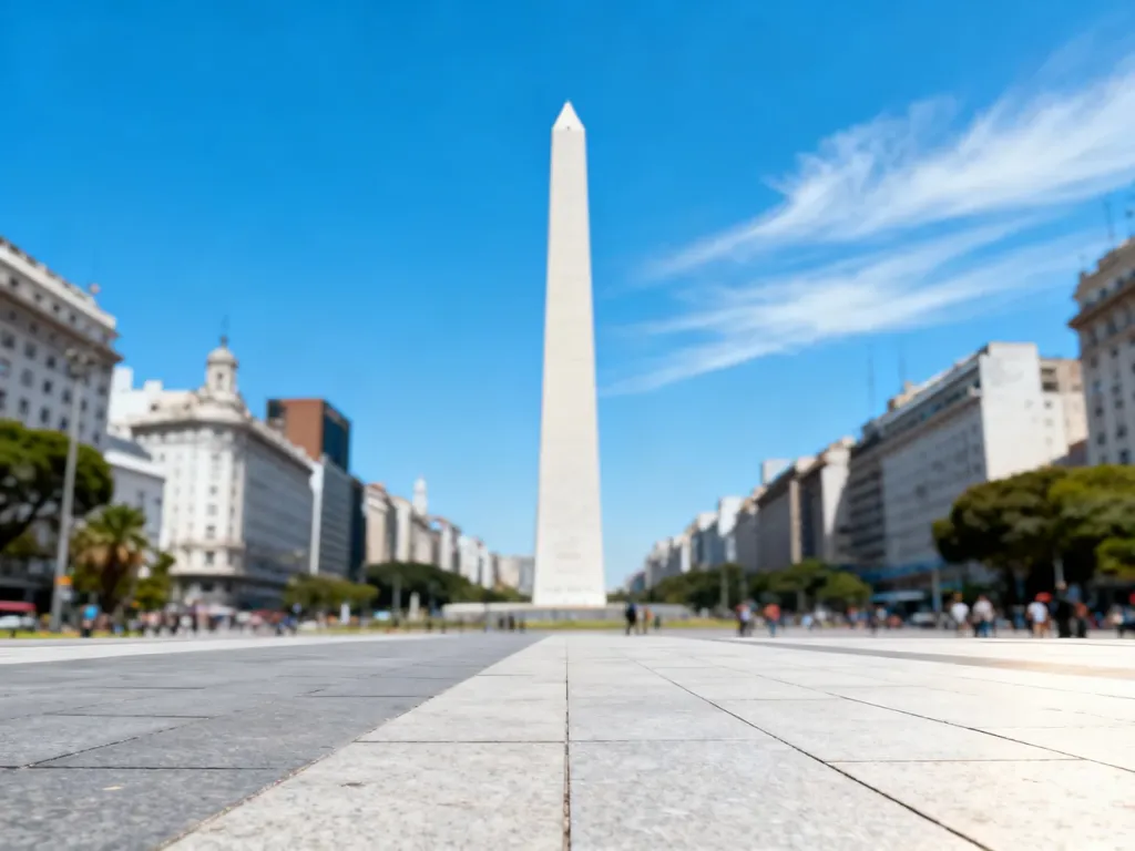 Obelisk w Buenos Aires na tle błękitnego nieba i miejskiej zabudowy.
