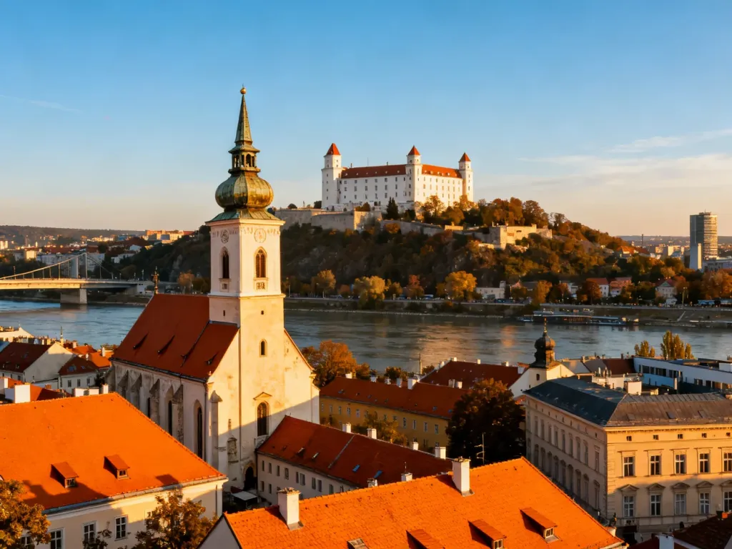 Widok na zabytkowe Stare Miasto w Bratysławie oraz zamek górujący nad Dunajem w świetle zachodzącego słońca.
