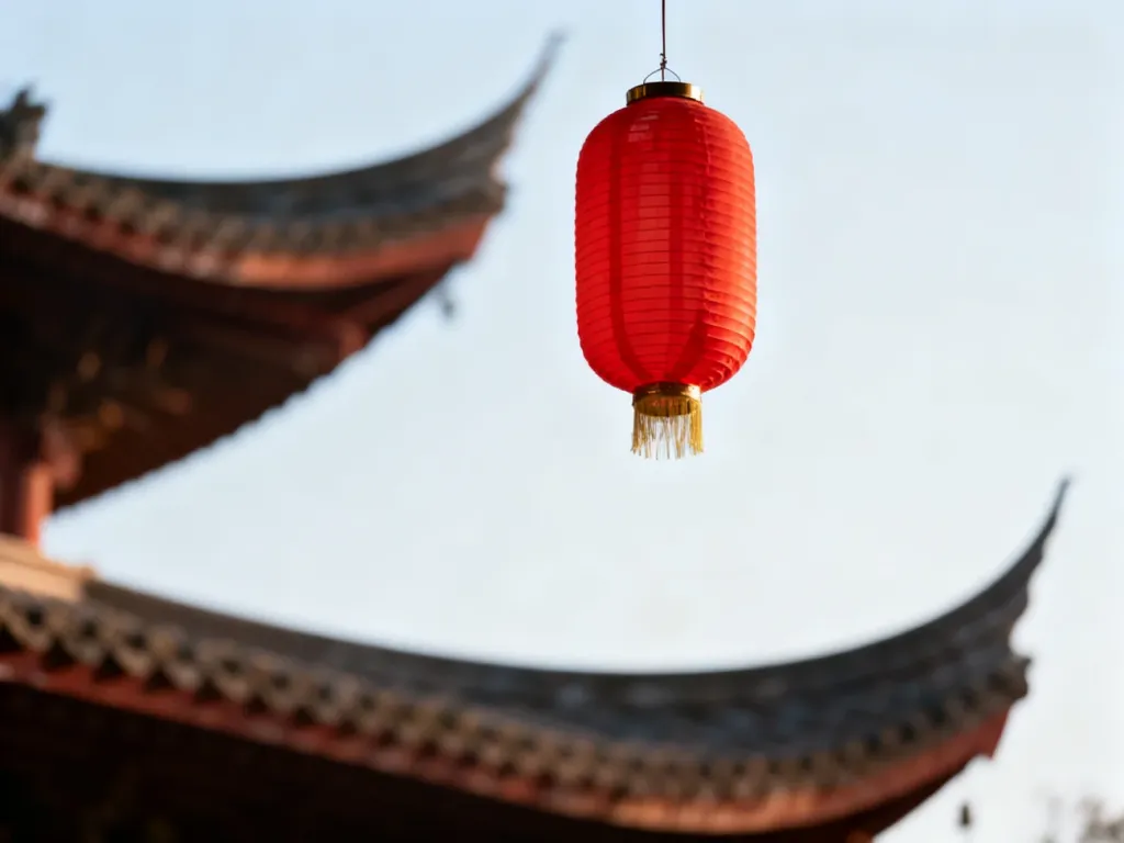 Czerwony chiński lampion na tle dachu tradycyjnej świątyni, symbolizujący kulturę i architekturę Chin.