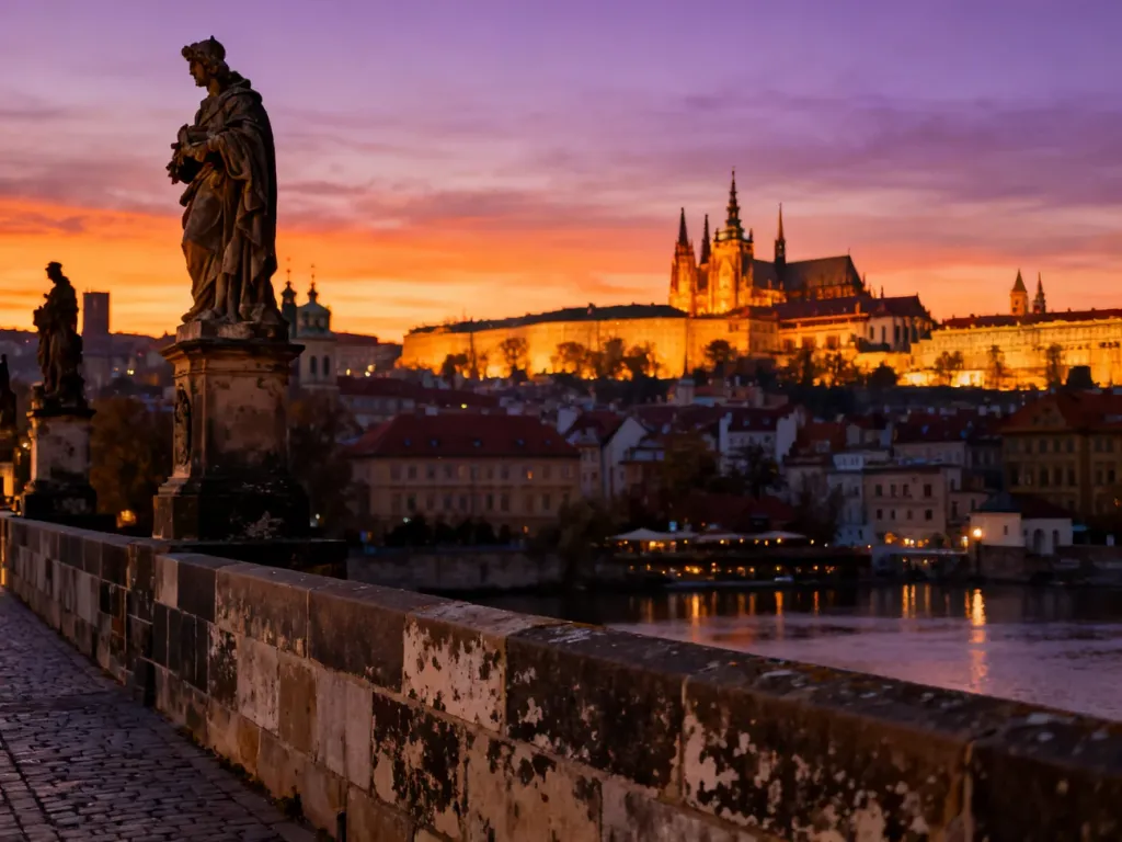 Most Mostowy w Pradze o zachodzie słońca z widokiem na panoramę miasta i zamek.