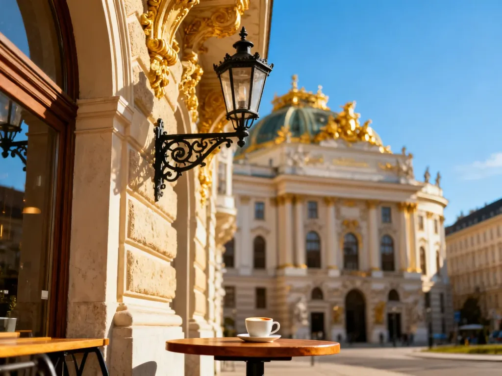 Zabytkowa architektura Wiednia w słoneczny dzień, widoczna z perspektywy kawiarnianego stolika.