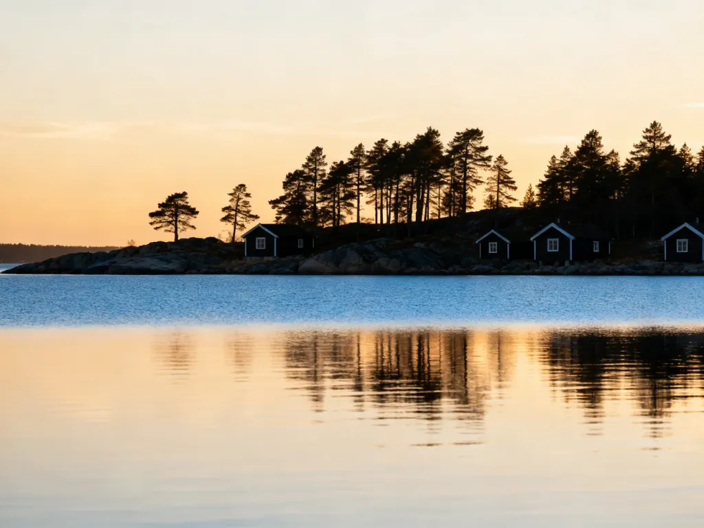 Spokojny krajobraz archipelagu sztokholmskiego o zachodzie słońca z widocznymi na brzegu tradycyjnymi szwedzkimi domami.