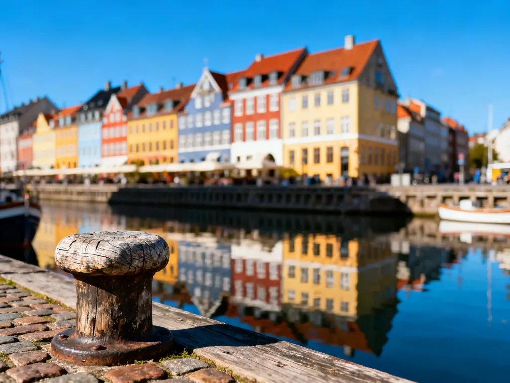 Kolorowe kamienice nad kanałem w Nyhavn w Kopenhadze w słoneczny dzień. Na pierwszym planie drewniany poler cumowniczy.