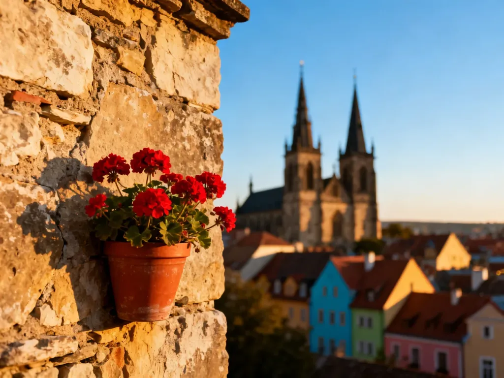 Malownicza panorama starego miasta w Tallinnie o zachodzie słońca z zabytkowymi wieżami kościołów w tle.