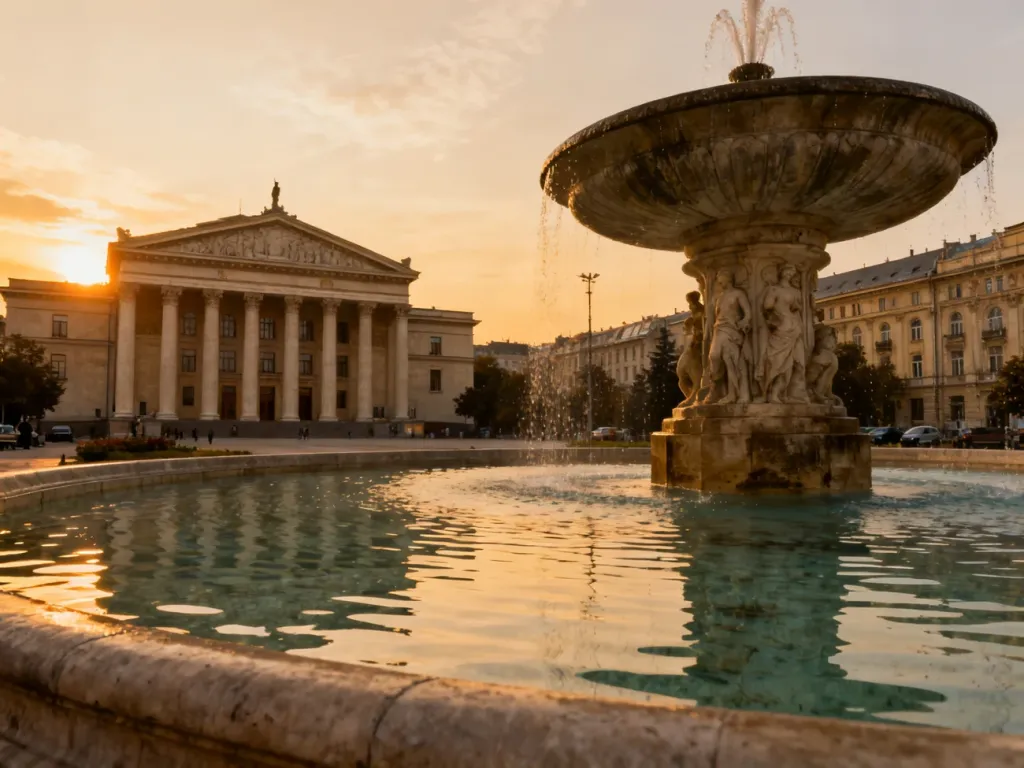 Zabytkowy plac w Bukareszcie o zachodzie słońca z podświetloną fontanną i neoklasyczną architekturą w tle.