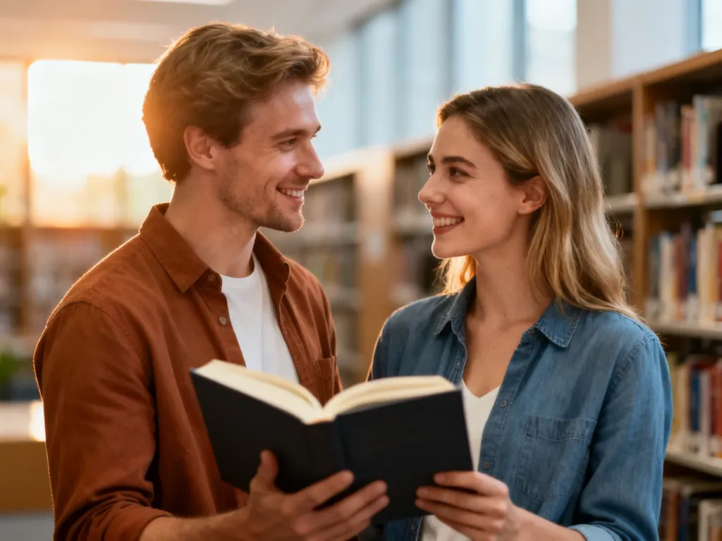 Kobieta i mężczyzna uśmiechają się do siebie, trzymając wspólnie otwartą książkę w nowoczesnej bibliotece.