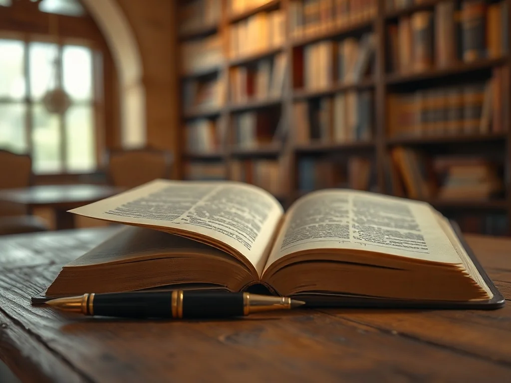 Otwarty słownik i pióro wieczne na drewnianym biurku w przytulnej bibliotece, symbolizujące pracę nad językiem polskim.