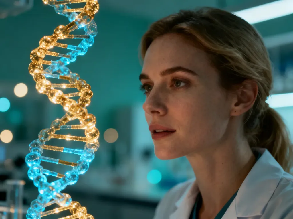 Kobieta w laboratorium przyglądająca się świecącemu modelowi helisy DNA, symbolizującemu naukowe podejście do biologii.