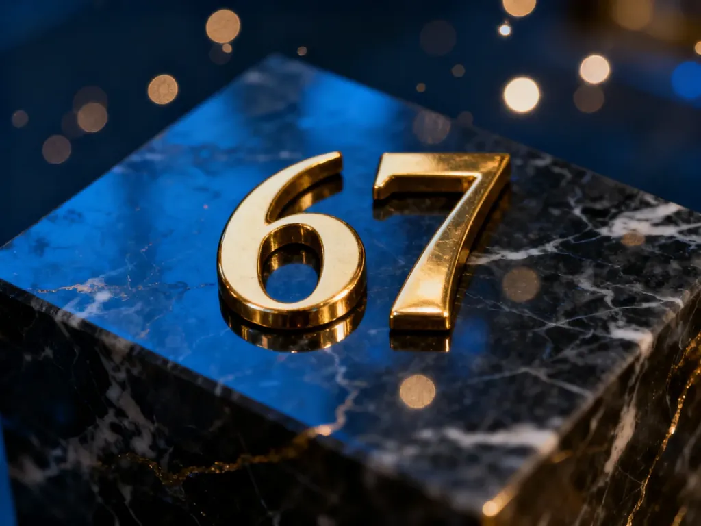 Złota liczba 67 wykonana z polerowanego metalu, spoczywająca na ciemnym marmurze w otoczeniu nastrojowych świateł.