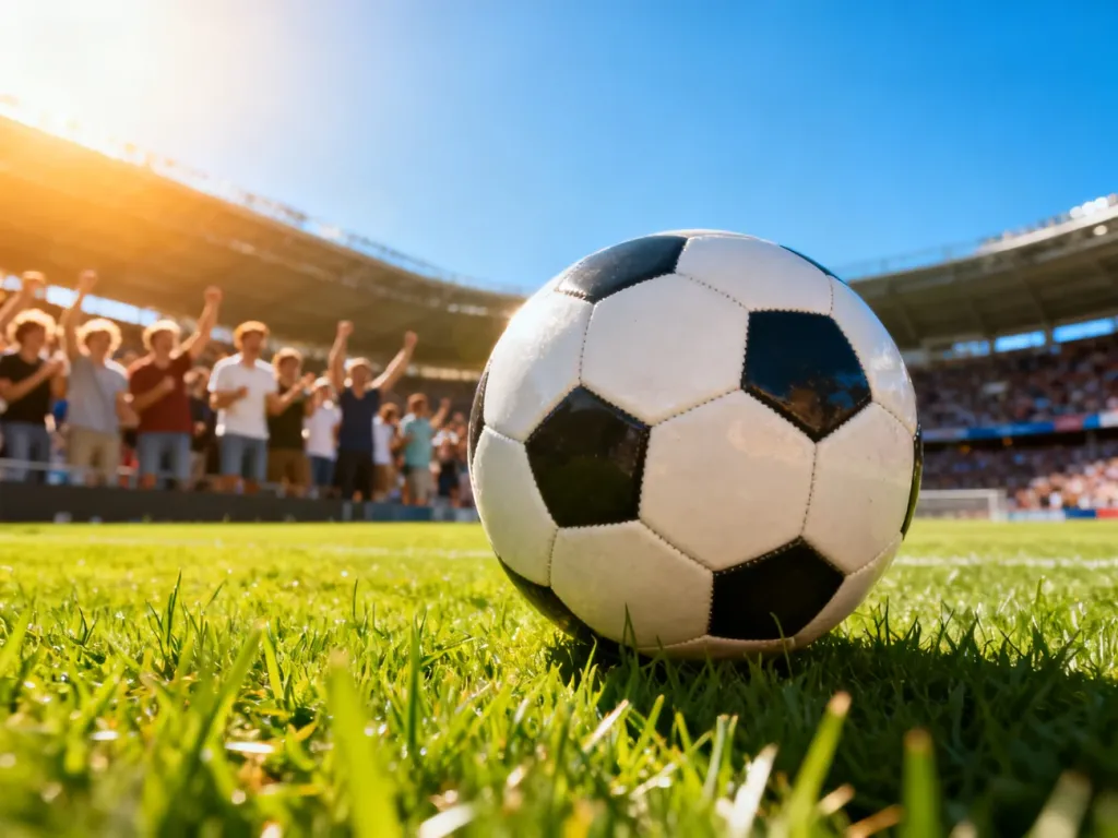 Profesjonalna piłka nożna na murawie stadionu w pełnym słońcu przed meczem Pucharu Narodów Afryki.
