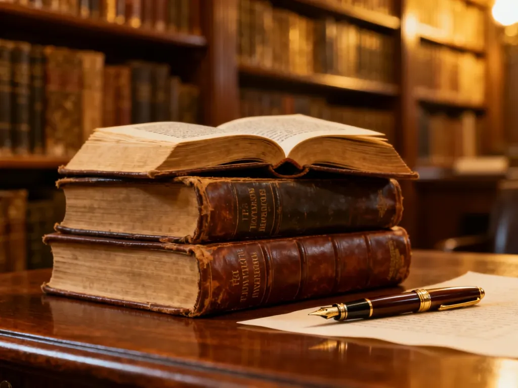 Stare słowniki w skórzanych oprawach i pióro wieczne na drewnianym biurku w bibliotece, symbolizujące pracę nad językiem.