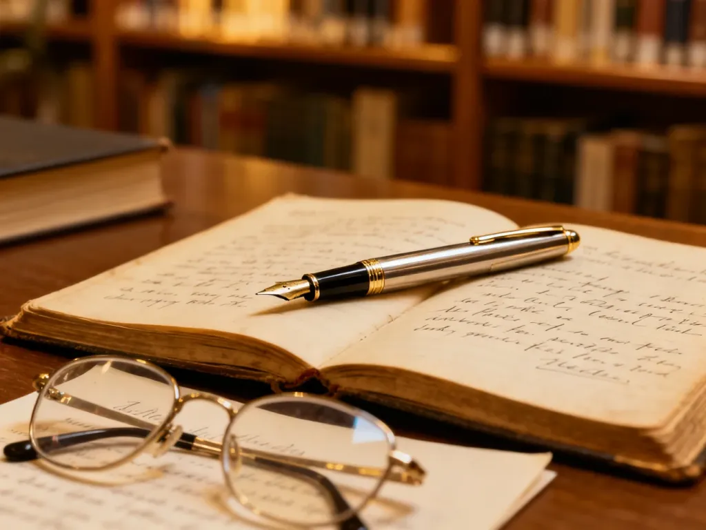 Eleganckie pióro wieczne i okulary leżące na otwartym notatniku z odręcznymi notatkami w przytulnej bibliotece.