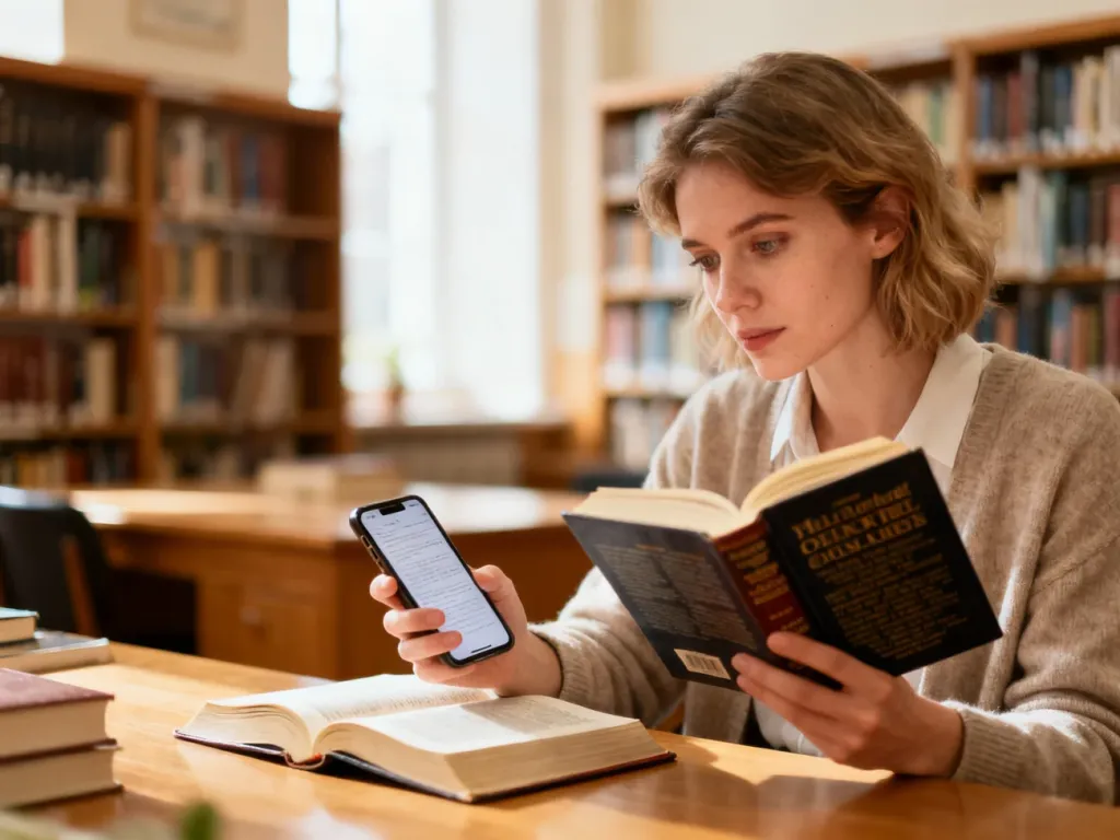 Kobieta przy drewnianym biurku w bibliotece korzysta jednocześnie ze słownika papierowego i smartfona.