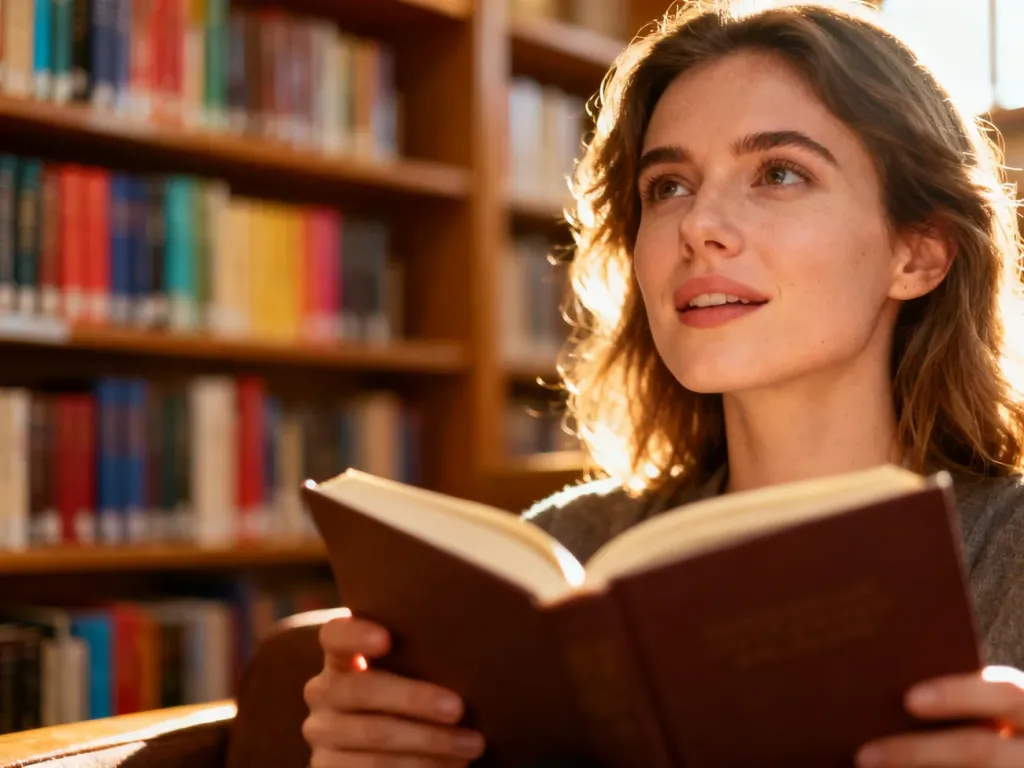 Kobieta czytająca książkę w przytulnej bibliotece, czerpiąca inspirację do pisania opisów.